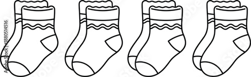 Socks pair counting illustration, four sets, wavy top design, kids visual learning activity, black line drawing, vector clipart