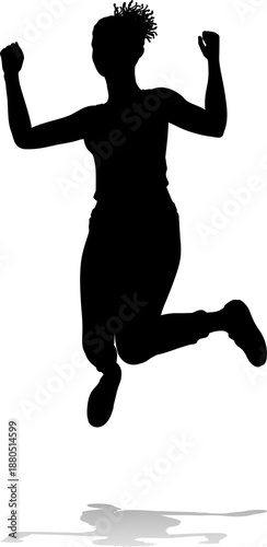 A happy woman jumping for j...