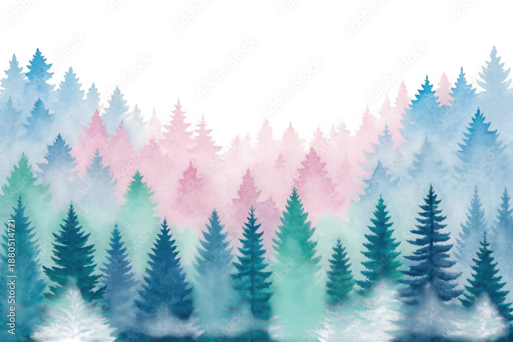 Obraz premium Abstract watercolor pine forest landscape isolated on transparent background