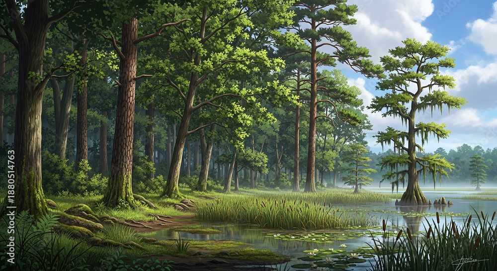 Obraz premium Swamp Forest Landscape Detailed Illustration Cypress Bayou Scene