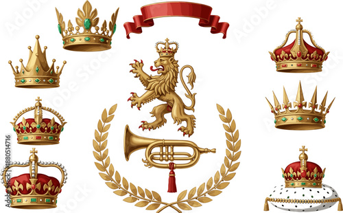 Heraldic lion emblem, royal crown collection, golden regal symbols, monarchy design elements, vintage laurel badge, noble crest illustration, ceremonial vector set