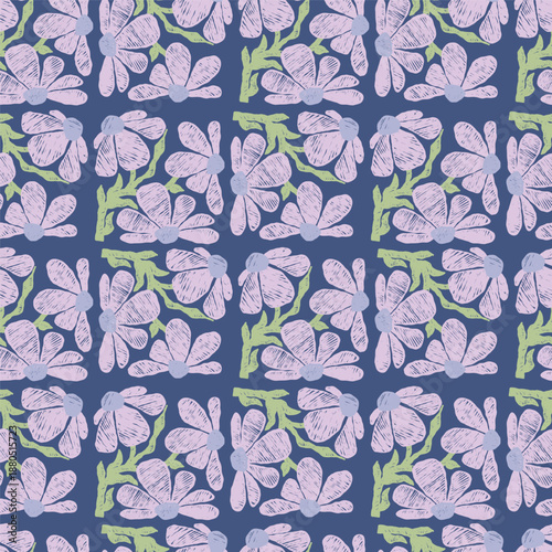 Floral Seamless Pattern. Navy Blue Botanical Texture with Crayon Hatching. Hand-Drawn Naive Flower Repeatable elegant Background. Vector Square Illustration