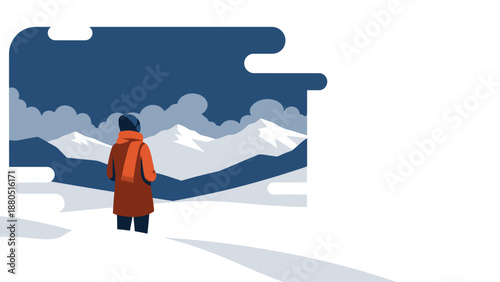 Person Wearing Orange Coat Standing Snowy Landscape.