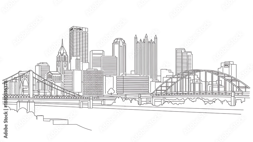 Obraz premium Cityscape line art buildings bridges and riverfront scene