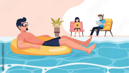 Man with snorkel mask relaxes on inflatable ring in pool, dreaming of others