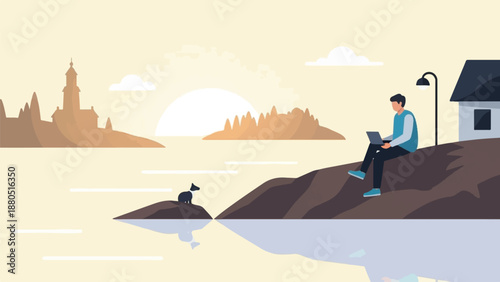 Man working on laptop by a calm lake with distant structures and a dog