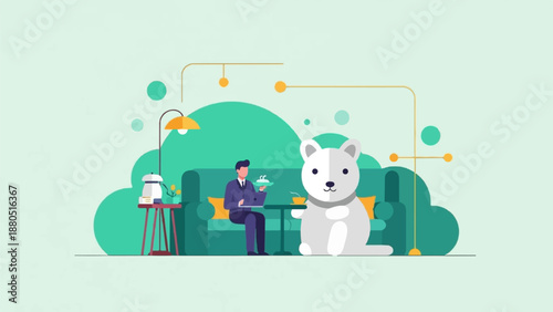 Man working on laptop with a bear and coffee on a couch