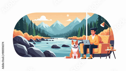 Man working remotely with dog by serene mountain river