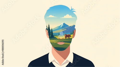 Man's head reveals a scenic landscape with a lone animal
