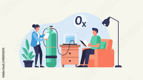 Medical oxygen setup with two people in a room