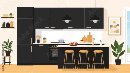 Modern black kitchen with island, stools, plants, and artwork