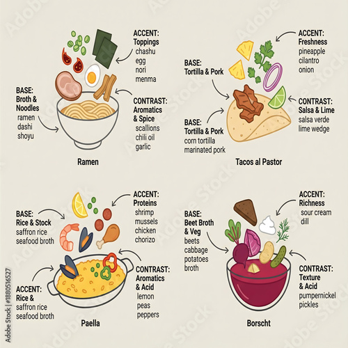 A culinary diagram illustrating four traditional dishes with their ingredients and components labeled, from a top-down viewpoint