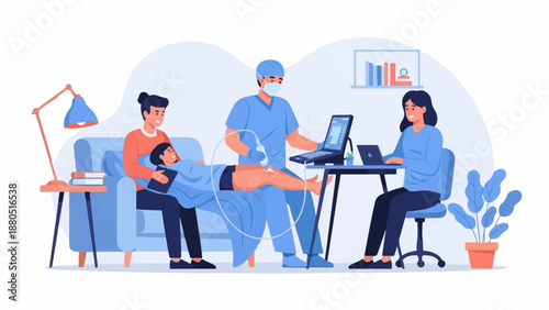 Medical professional performs ultrasound on patient with partner and colleague present