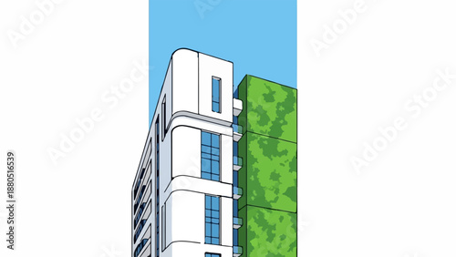 Modern building with white curved facade next to green vertical garden