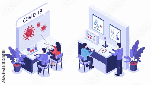 Isometric lab scene with scientists studying COVID-19 and related research