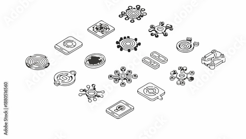 Isometric line art illustrations of various mechanical and electronic components