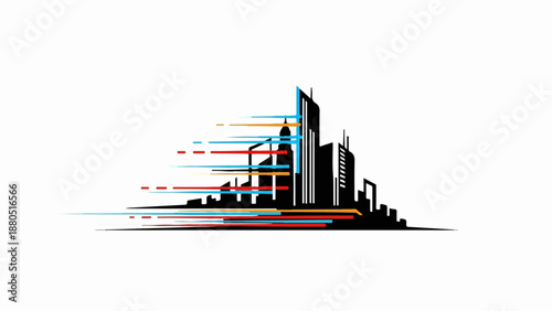 Modern cityscape silhouette with vibrant, dynamic streaks of color