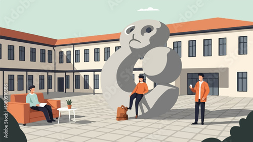 Modern courtyard with a large abstract sculpture and people relaxing