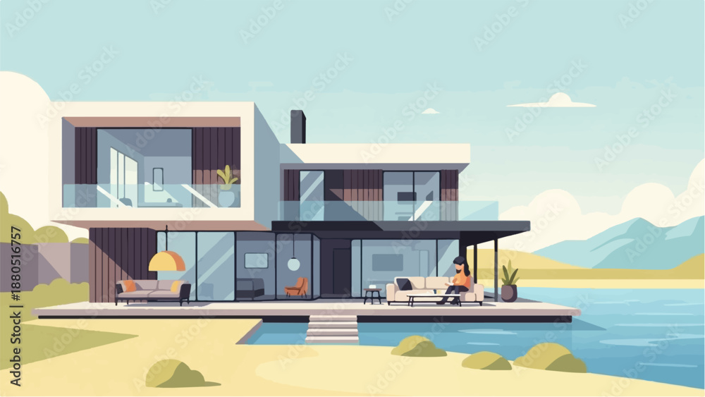 Fototapeta premium Modern house with pool by the lake, person relaxing on sofa