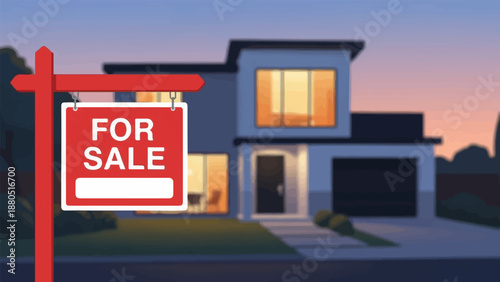 Modern house with illuminated windows and a red 'For Sale' sign in twilight