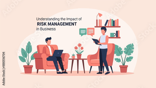 Men in armchairs discuss risk management with laptop and tablet