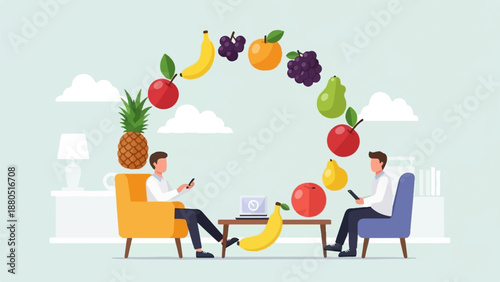Men in living room with fruit arch and table with laptop