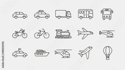 Collection of Transportation Icons Simple Line Drawings.