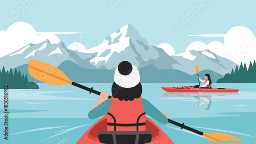 Kayaking on a glacial lake with snow-capped mountains in the background