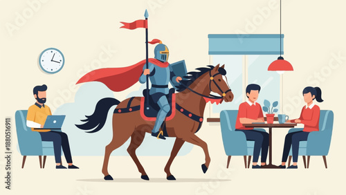 Knight on horse in office with people working and chatting at tables