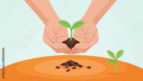 Hands gently hold a seedling, while seeds and a new sprout grow