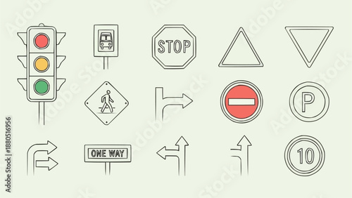 Collection of Hand Drawn Traffic Signs and Signals.