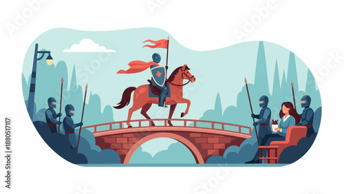 Knight on horseback crosses bridge guarded by soldiers, greeted by lady