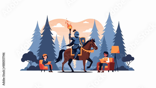 Knight on horseback holding torch amidst people reading by forest