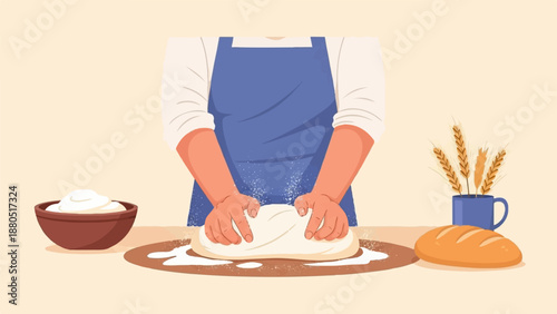 Hands kneading dough on a wooden board with flour, a bowl of flour, and bread