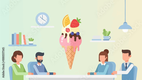 Flat illustration of a team meeting around a table with a giant ice cream