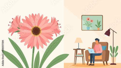 Flat illustration of a person working on laptop near potted plants and flowers