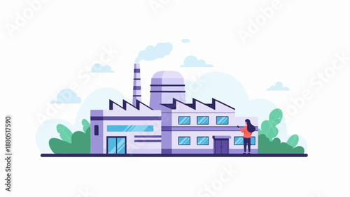 Flat illustration of a purple factory with a smoking chimney and a person