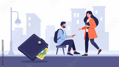Flat illustration of a wallet, a seated person with phone, and walking person with book