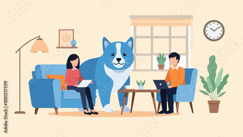 Flat illustration of a woman, man, and a large dog in a cozy living room