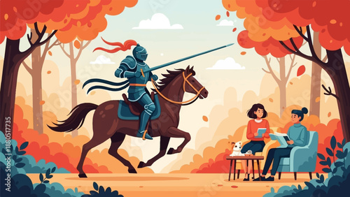 Knight on horseback rides past people reading under autumn trees