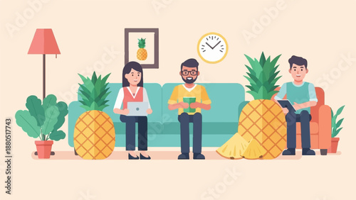 Flat illustration of people relaxing at home with pineapples and plants