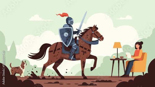 Knight on horseback trots past a woman reading in an armchair, dog nearby