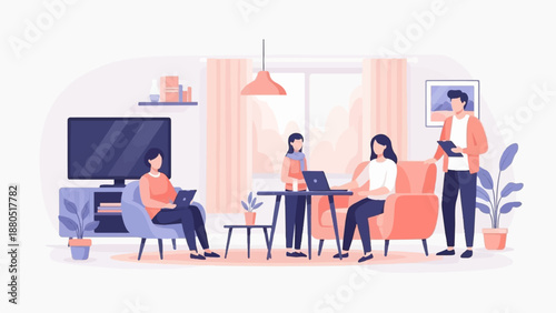 Flat illustration of people working and relaxing in a modern living room setting