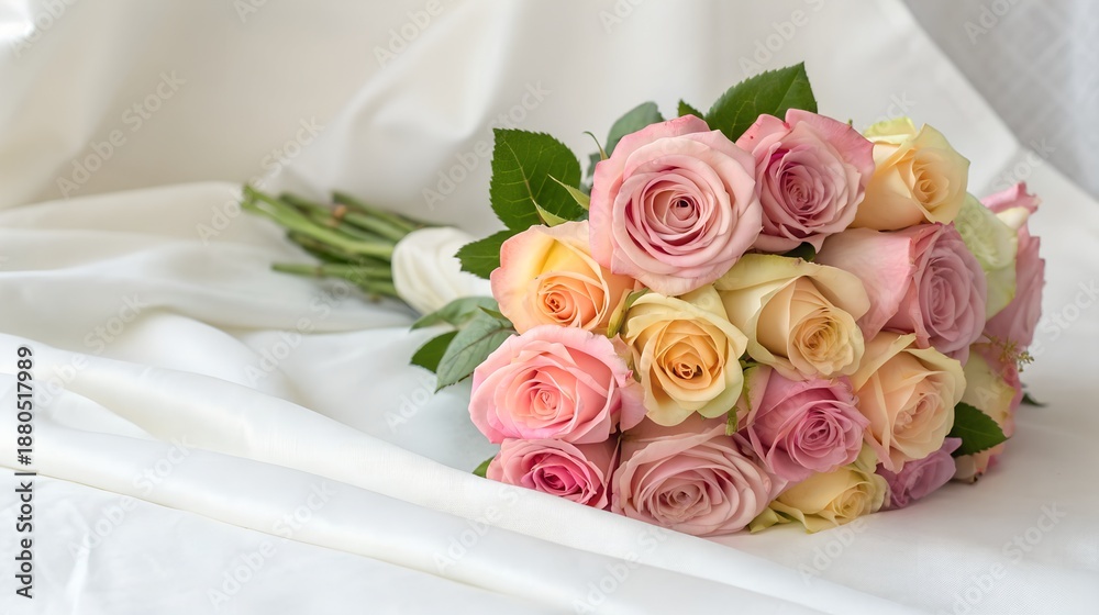 Obraz premium A bouquet of pastel roses on a white fabric background
