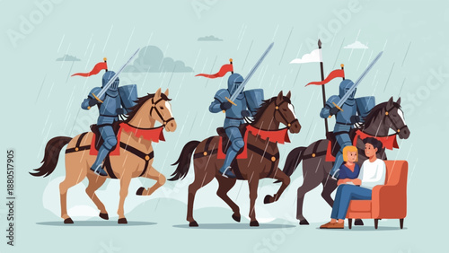 Knights in armor on horseback ride in the rain, while a couple sits comfortably indoors