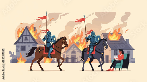 Knights on horseback in burning village, woman reads peacefully in armchair