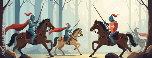 Knights on horseback ride through a misty forest in a pixelated style