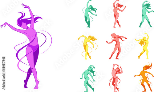 Colorful dancing women illustration set, ribbon motion art, vibrant female poses, expressive movement, artistic vector design for dance and performance themes