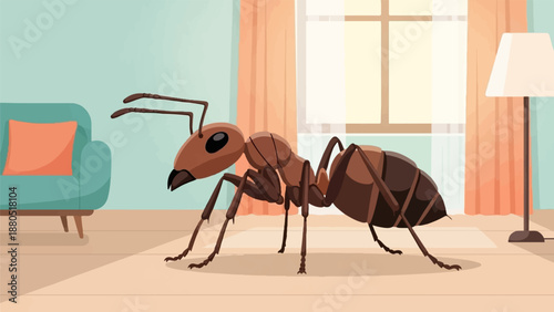 Large cartoon ant exploring a cozy living room with a couch and lamp