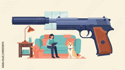 Large gun looms over a person and dog in a minimalist living room